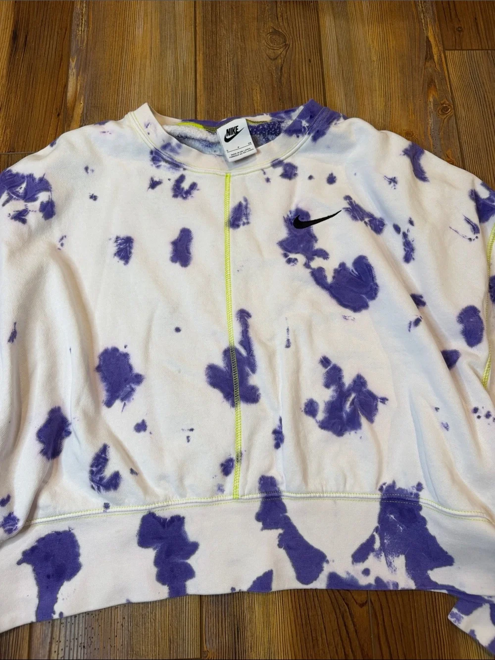 Nike Purple White Tie Dye Cropped Oversized Sweatshirt Neon Stitching